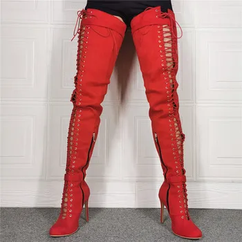 Истинската Фотография, най-новите модни ботуши-гладиатори над коляното с катарами, дамски Червени ботуши с дантела, фини обувки на висок дълъг ток, по-Големи Размери 14 15