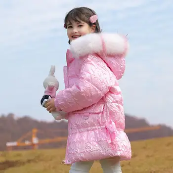Зимна новост за малки момичета, пуховик с яка от естествена кожа, детски дебели дълги якета, детски връхни облекла в бяло утином топола, парк wz351