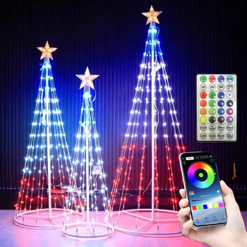 1.2/1.8/2.1 M Умен Лампа За Коледната Елха С Топпером Star RGB Bluetooth App Изкуствен Конус С Осветление Коледно Дърво За Парти Плевене