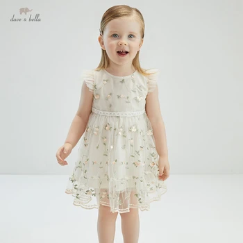 DBM17766 дейв bella/ лятно сладко сетчатое рокля с бродерия на цветя за малки момичета, модерно детско премяна, детски дрехи в стил лолита