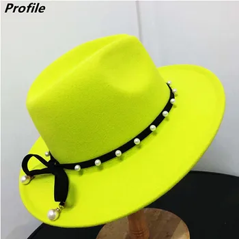Лимон-жълт фетровая шапка чист цвят с къса страна на нова фетровая шапка фетровая шапка перлени аксесоари джаз, хип-хоп зимна шапка шапка дамски