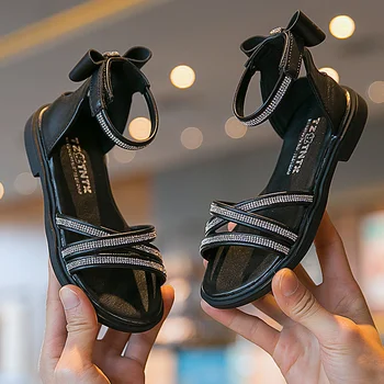 2022 г. Обувки в римски стил за момичета; Лятна Нова Детска Мода обувки с Кристали и Лък за момичета; Сандали Принцеса на Висок Ток с отворени пръсти