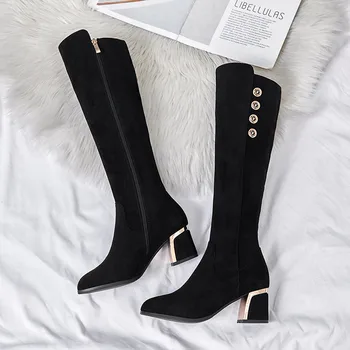 Sgesvier/2020 г., Нови маркови модни дамски обувки, обикновен черен удобни ботуши до коляното от флока, запазването на топлина, зимни дамски обувки