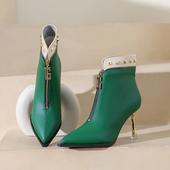 Есенните модни ботуши-шипове с остри пръсти в стил пънк, с цип отзад, Нови дамски обувки, дамски ботуши в готически стил, Чубрица Zapatos De Mujer