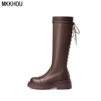 MKKHOU/модни ботуши до коляното, женски универсални обувки Martin от естествена кожа в дебела подметка, индивидуални-високи кожени ботуши дантела