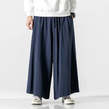 Модни Свободни Широки Панталони В Китайски Стил, Мъжки Японски Улични Ленени Панталони-кимоно За Мъже, Мъжки Ежедневни Панталони
