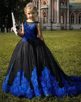 Царско Синьо Буйни Фатиновые Рокля с Цветя Модел за Момичета на Сватба, Рокля с Аппликацией под формата на 3D Цветя, Празнична премяна