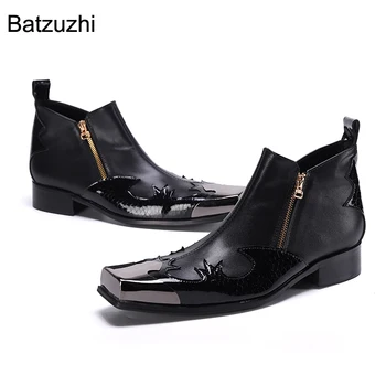 Batzuzhi/черни Ботильоны от естествена кожа, мъжки обувки с Нов дизайн; мъжки обувки с квадратни пръсти, с цип; Мотоциклетни/Вечер/Сватбени Botas Hombre