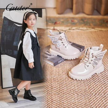 Catder/Детски обувки за момичета; 2023 г.; Детски обувки за момичета; Кожени обувки с крила на пеперуда; Обувки за момичета; Студентски обувки на висок ток