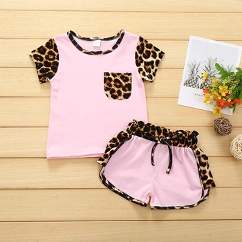 Леопардовая Тениска с Къс ръкав За Момиченца + Къси панталони, Комплект Дрехи За Малките Момичета, Комплект от 2 Теми, Нова Модни Детски Дрехи