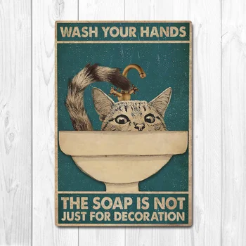 Моля, измийте си ръцете, карантина Ca, Плакат с котката и момиче, Реколта лидице метална табела, бар, клуб, кафе, декорация на стената на гаража, декор на ферма, Изкуство
