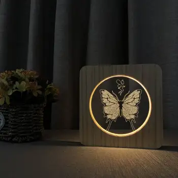 Красива нечовешки животински Пеперуда 3D Дървена Акрилна Лампа нощна светлина Дървен 3D Led Настолна Лампа Топло Бяла Украса Спални За момичета