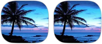 Тропически Плажен Пейзаж с Участието на Палми, сенника на Предното стъкло, Сгъваема Кола Топлоизолационна и Слънцезащитен Комплект от 2 теми