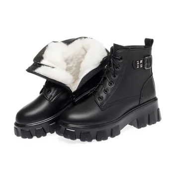 Дамски зимни обувки от естествена кожа, Новост 2021 г., модни топли обувки Martin от естествена вълна, женски ботильоны на дебела подметка