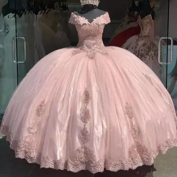 2022 Розови Буйни рокля с открити рамене в стил сладка принцеса, Бална рокля с аппликацией, 15 и 16, Празнична рокля за рожден Ден, Халати De Soirée