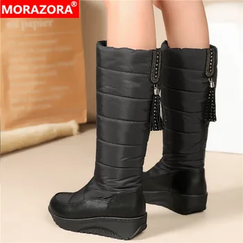 MORAZORA/Големи размери 35-44, Нови зимни обувки, дамски обувки до средата на прасците на платформата, зимните обувки на дебелите меху с пискюли и кристали, дамски обувки