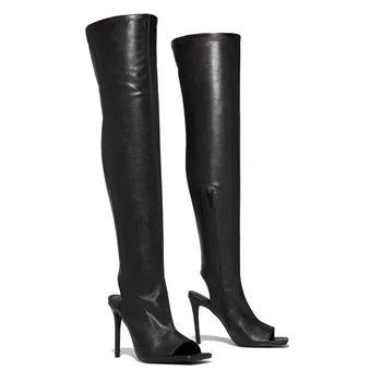 Евтини дамски обувки, пролетно-есенни модни пикантни черни, еластични ботуши до коляното на висок ток