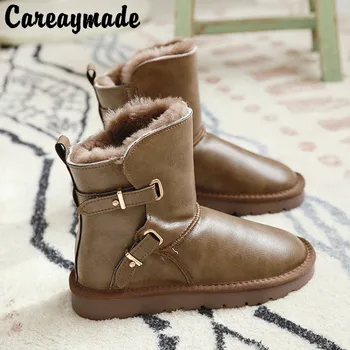 Careaymade -Дамски обувки от естествена кожа, зимни ботуши с катарама на колана си, зимни вълнени къси ботуши, топли дамски ботильоны със защита от студ