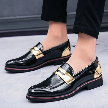 Новост 2019 г., Нов модерен мъжки кожени обувки, мъжки офис, бизнес висококачествени ежедневни обувки, маратонки, луксозен марка, италиански обувки, голям размер на 45