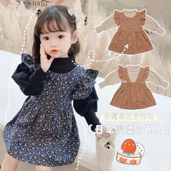 Принцеса рокля за момичета, Новост 2022 година, есента и пролетта корейски жилетка с пищни ръкави и цветен печат за малки момичета, комплект от две части, Комплекти дрехи за момичета от 1 до 7 години