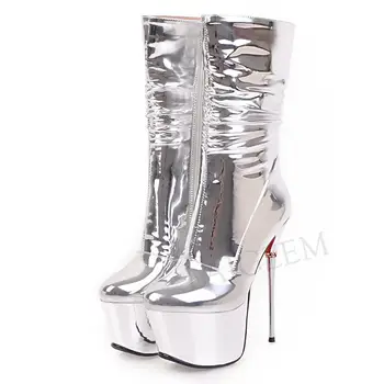 LAIGZEM/Обувки на платформа, дамски къси ръчно изработени ботуши на висок метален ток, дамски обувки за клубове, Botines Mujer, Размер 33, 40, 42, 43