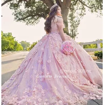 Розови 3D Цветя Блестящи Кристални Мъниста Пищни Рокля Топка Рокля С Открити Рамене Корсет Сладки 16 Vestidos De 15 Años