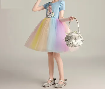 Cartoony костюм еднорог рокля за детския представяне на предавания рейнбоу цвят на роклята-Романтична рокля