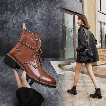 2020 г., зимни нова дамски обувки, обувки на среден ток с шнур и кръг, пръсти, обувки от естествена кожа, модни обувки, реколта обувки