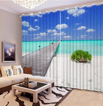 Модерен Индивидуален 3D Завеса Дървен мост плаж морски пейзаж Спалня, Хол, Офис, Хотел Cortinas Завеса За Баня