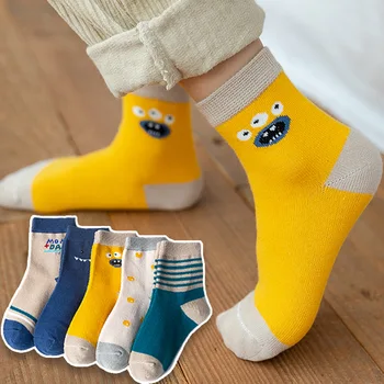 5 двойки/лот, детски чорапи от памук, есен-зима 2021, Пролетни Памучни Чорапи със средна дължина, с анимационни герои, Нескользящие, абсорбиращи потта, Детска Мода