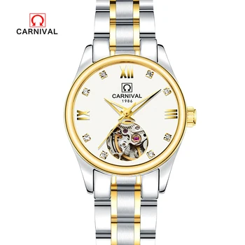Карнавал е най-добрата марка на луксозни горещи автентични дамски часовници автоматични механични часовници и кухи водоустойчив златен часовник от неръждаема стомана