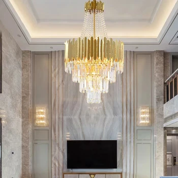 Скандинавска модерна Луксозна Кристален led полилей в хола на две нива вили, полилей на стълбите, полилей в хола