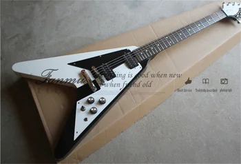 изработена по поръчка 6-струнен електрическа китара, нерегулярная бяла черна китара, звукосниматели с фиксиран мост HH, китара V-образна форма