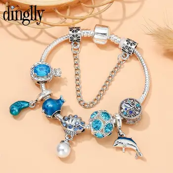 DINGLLY Blue Crystal Crown Перли Във Формата на Миди Гривни С Висулки, За Да се Жени Човек САМ Морски Свят 