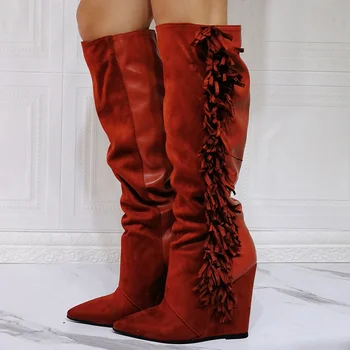 Тъмно-червени Модел обувки на Танкетке И Високи Токчета, Дамски Ботуши До Коляното, Модерни Обувки в стил Мозайка С Пискюли, Къси Ботуши 11