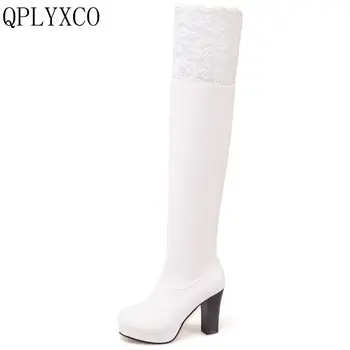 QPLYXCO/ новост 2017 г., разпродажба, Големи размери 34-50, есенно-зимни високи обувки, модни дамски ботуши над коляното, обувки на висок ток 3338