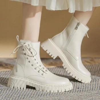 Дамски обувки; сезон пролет-есен 2021 г.; Ботильоны бял, черен цвят; кожа обувки на платформа в британския стил; женски ботильоны с цип със шнур